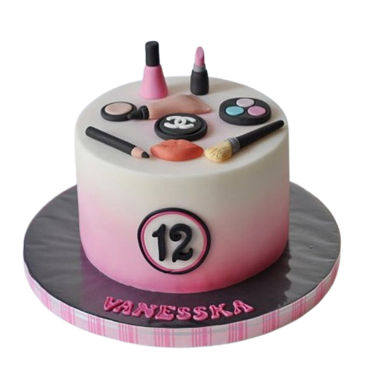 Luxurious cake with shimmering edible makeup pieces, featuring metallic finishes and glossy accents for dazzling realism.