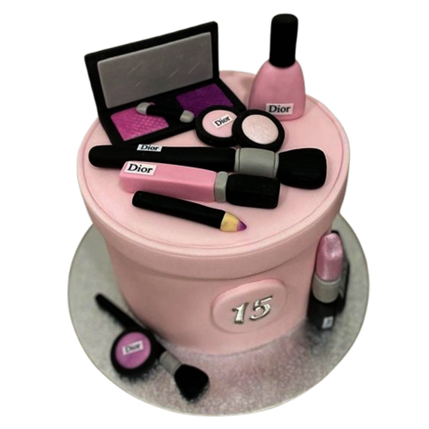 Elegant round cake adorned with realistic fondant makeup accessories for a luxurious beauty-themed design.