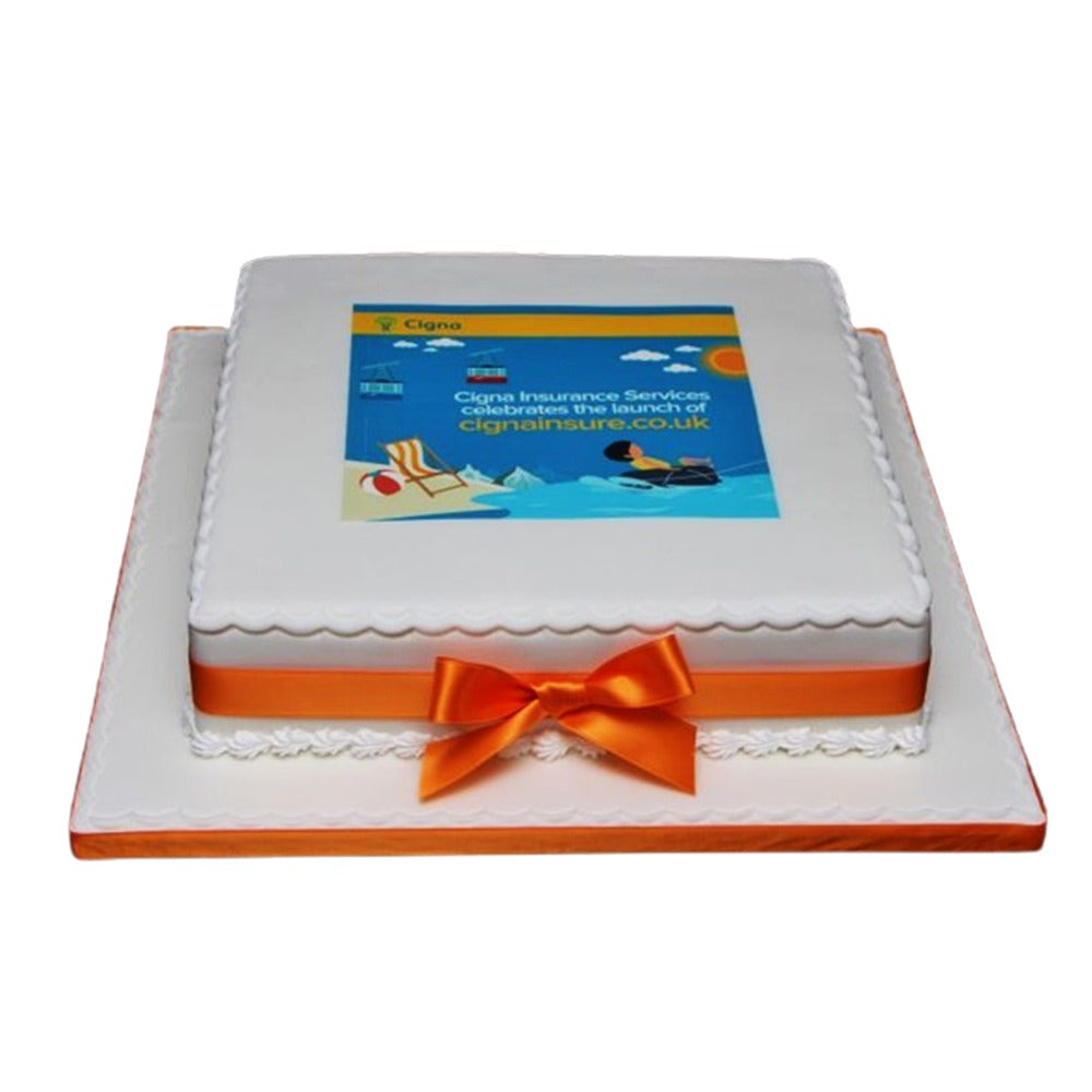 “Corporate unity cake embossed with company logo”