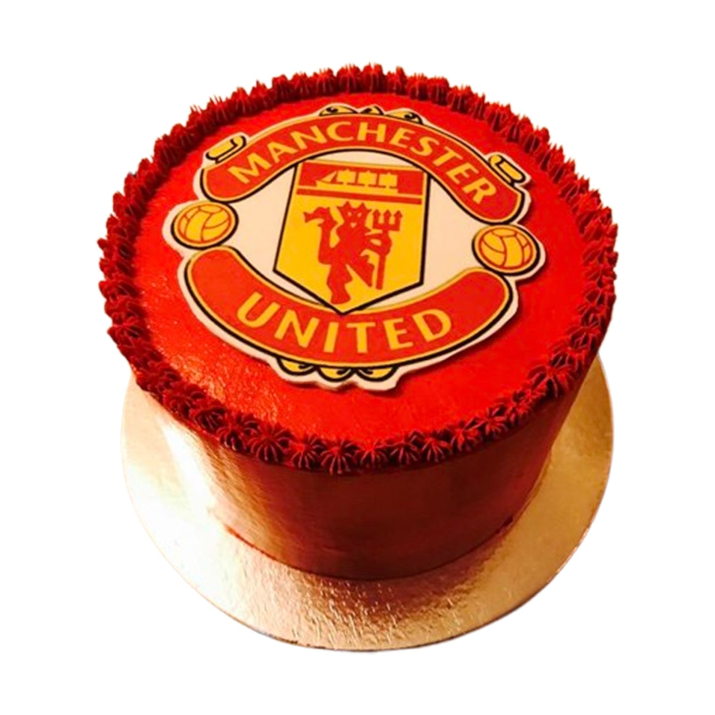 Glossy red Manchester United-themed cake with polished fondant and crisp white accents, embodying club pride.