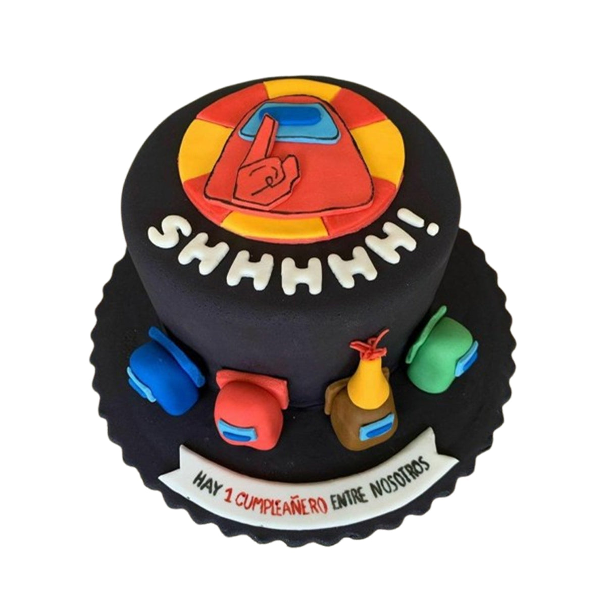 Among Us cake with multicolour fondant crewmate figurines