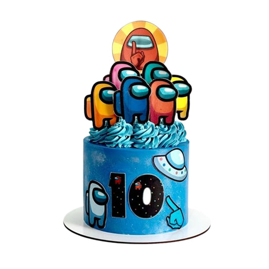 “Among Us cake with galaxy‑style fondant space station backdrop”
