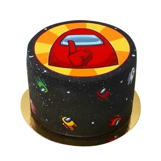 “Among Us cake slice revealing hidden crewmate and impostor decorations”
