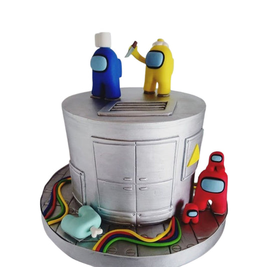 Playful Among Us cake with colorful crewmates and an impostor accent