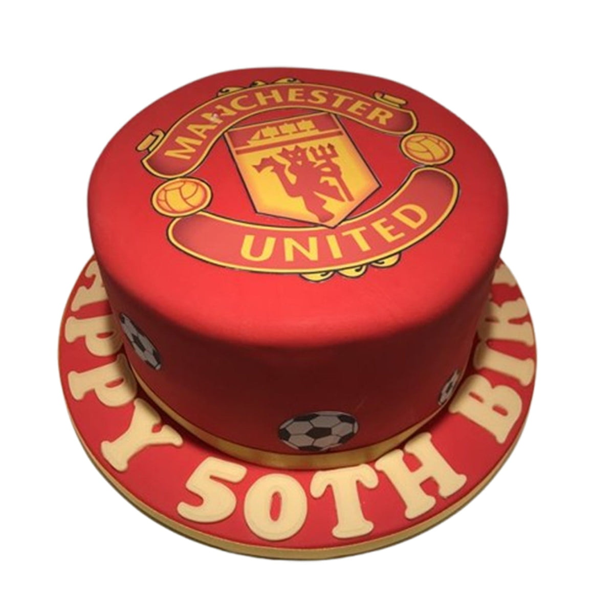 Sophisticated Manchester-inspired cake with sleek black fondant ribbon detailing and refined finishes.

