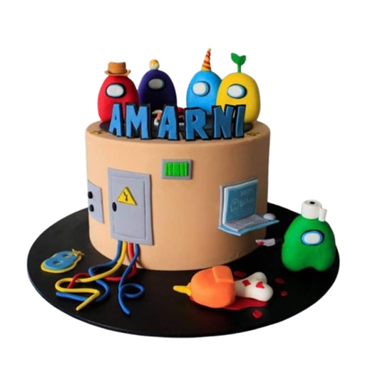“Multi‑tier Among Us cake with fondant crewmates and sabotage details”
