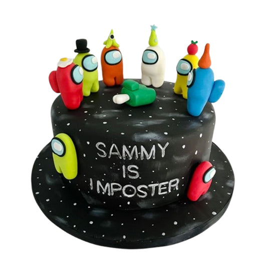 Among Us cake with multicolor fondant crewmates in space suits