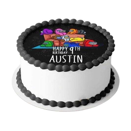 Colorful Among Us cake featuring fondant crewmates and an impostor