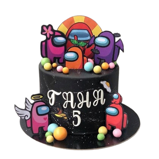 Dark-themed Among Us cake with cracked visor crewmate