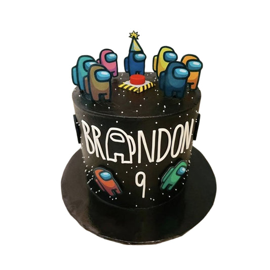 Among Us themed fondant cake with colorful crewmates