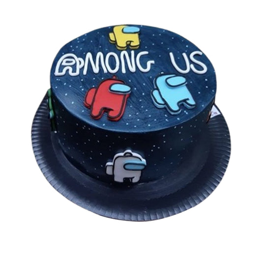 Among Us cake adorned with edible crewmate and impostor figurines