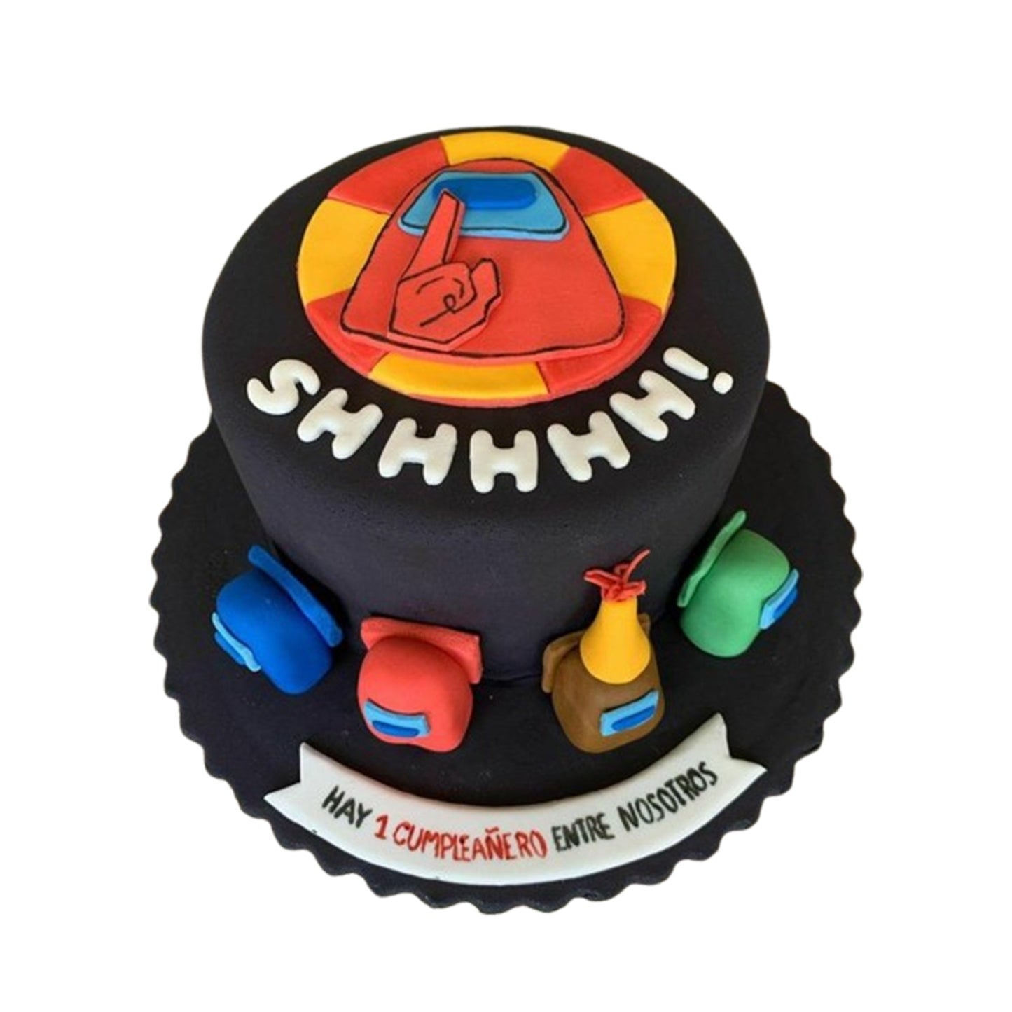 Among Us cake with multicolour fondant crewmate figurines