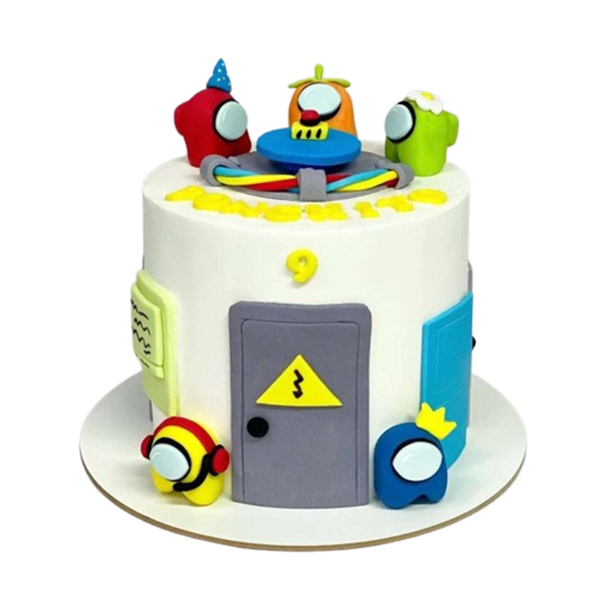 Among Us cake with vibrant multicolor fondant crewmates