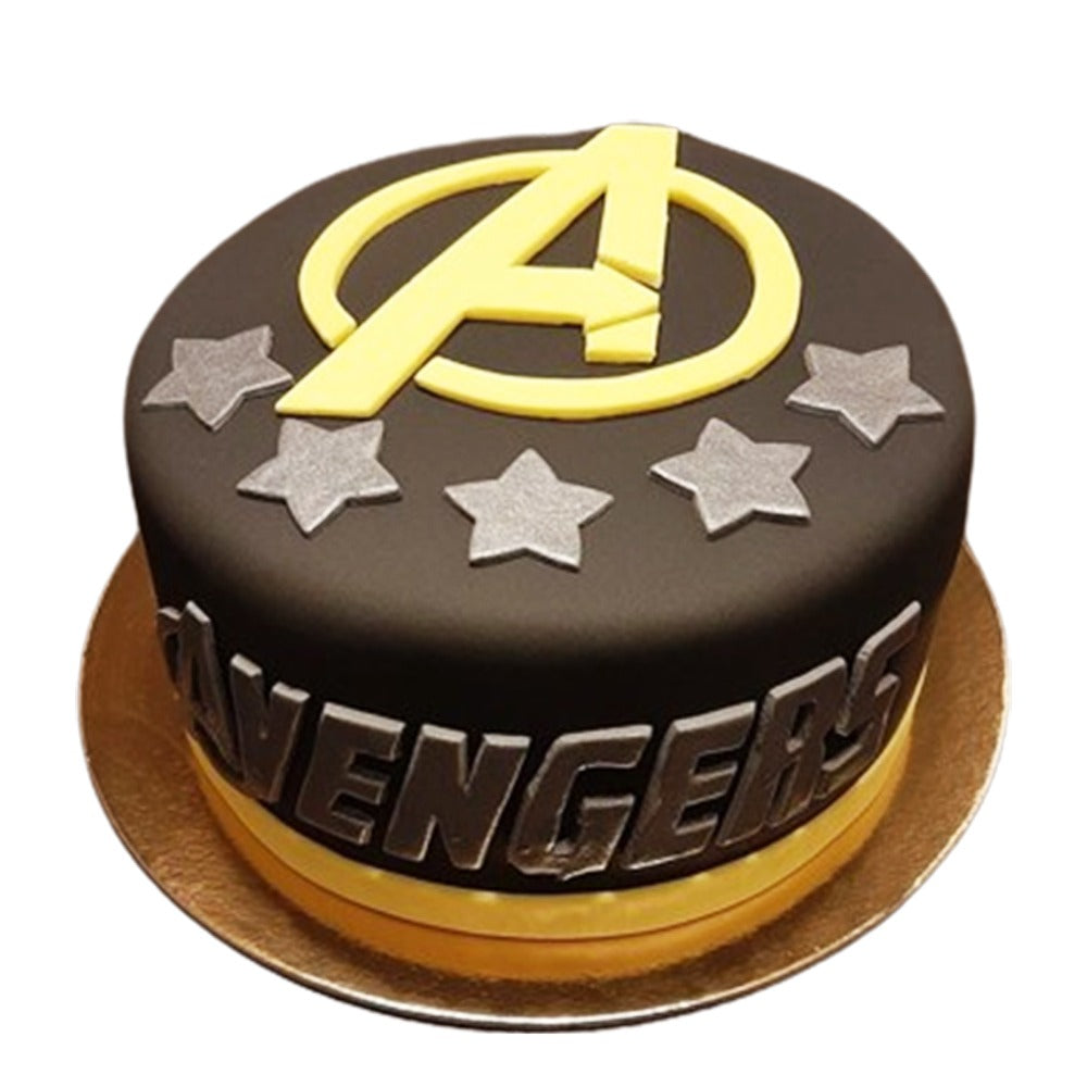 “Custom Avengers cake in multiple sizes with superhero logos”