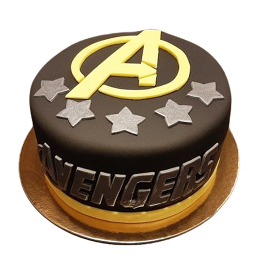“Custom Avengers cake in multiple sizes with superhero logos”
